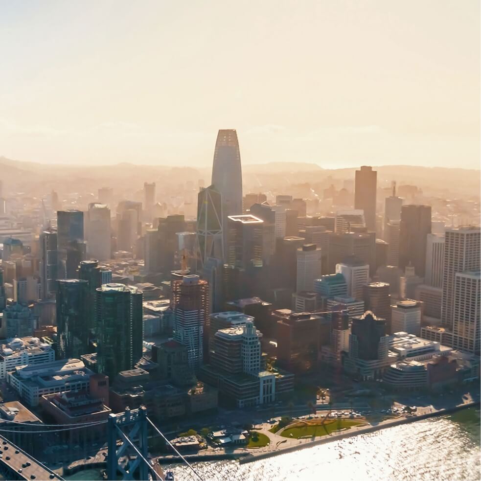 A bird's eye view on the San Francisco downtown area during sunset